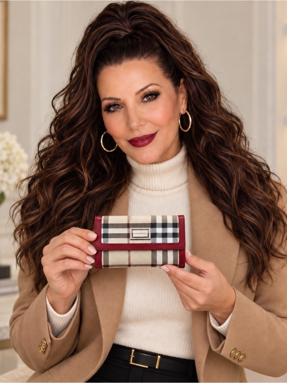 Burberry Tan Plaid Wallet with Burgundy Trim